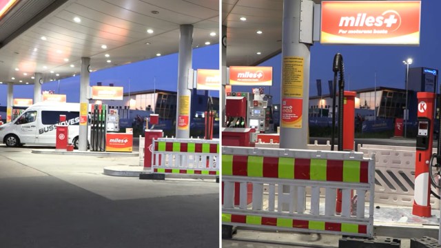 A gas station at dusk featuring fuel pumps, a van, and illuminated signage.