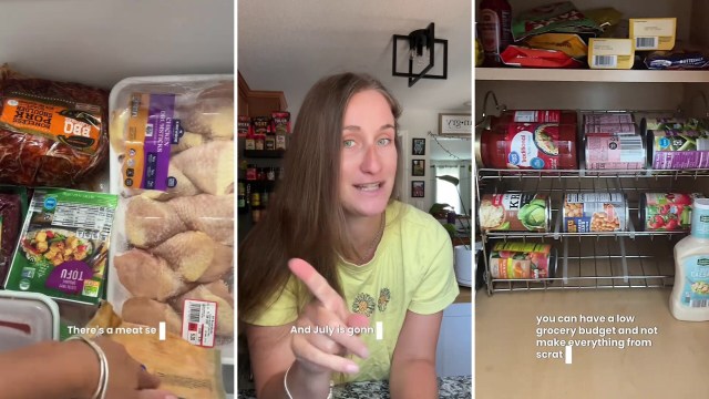A woman gestures while discussing budgeting with food items displayed in a kitchen setting.