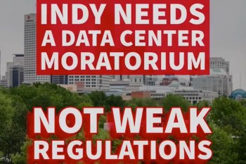 A graphic calling for a data center moratorium.