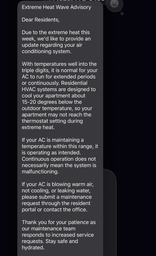A notification saying AC units will only cool by 15 to 20 degrees below outdoor temperatures. 
