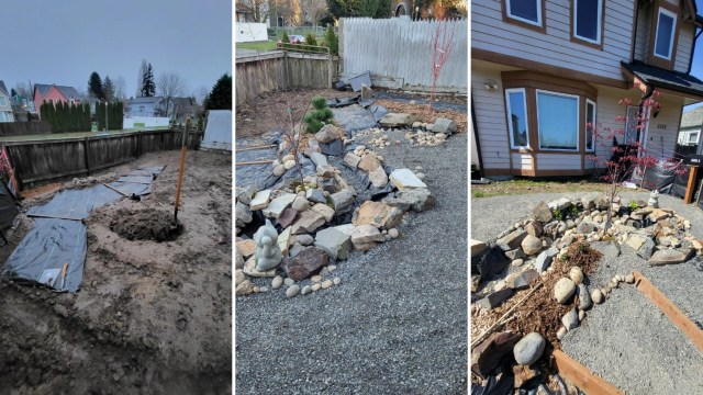 A sequential view of a yard showing landscaping work with soil, stones, and plants in different stages of development.