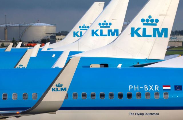 A row of KLM airplane tails.