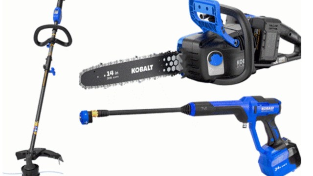 A Kobalt trio of outdoor electric power tools including a chainsaw, string trimmer, and pressure washer.