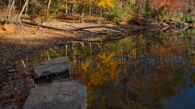 A tranquil lakeside scene with autumn foliage reflected in calm water and scattered rocks along the shore.