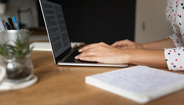 A person types on a laptop next to a notebook and a small potted plant on a wooden table.