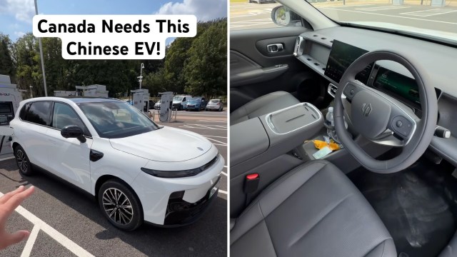 A white electric vehicle parked at a charging station, with a modern interior view showing a digital dashboard and seating.