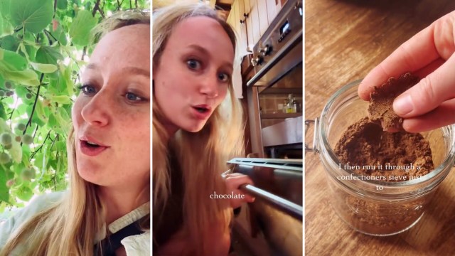 A sequence of three images showing a woman in a garden, inside a kitchen, and handling cocoa powder.