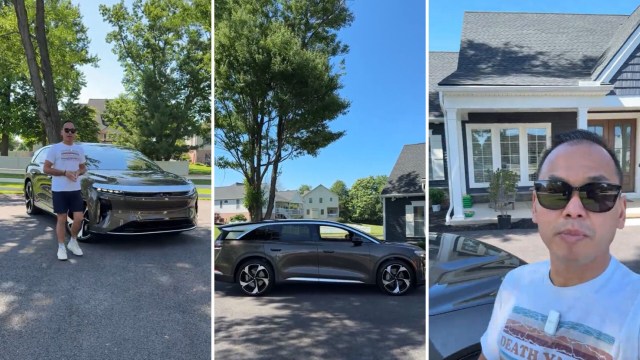A car reviewer standing next to a Lucid Gravity.