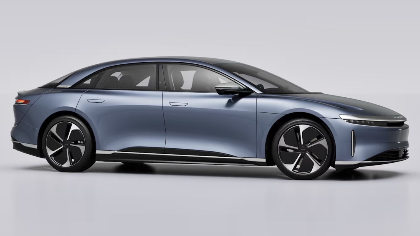 A blue Lucid luxury sedan.