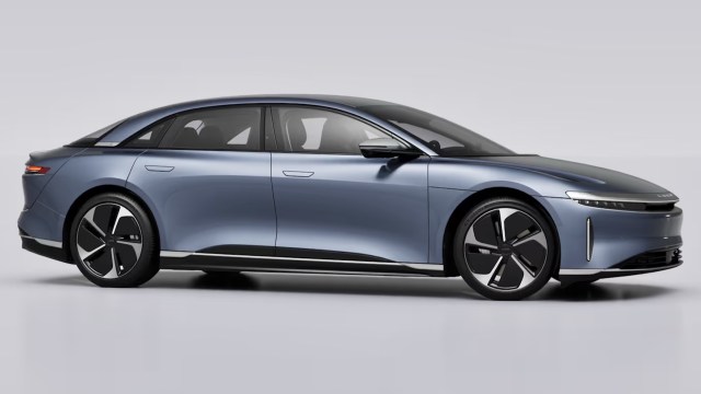A blue Lucid luxury sedan.