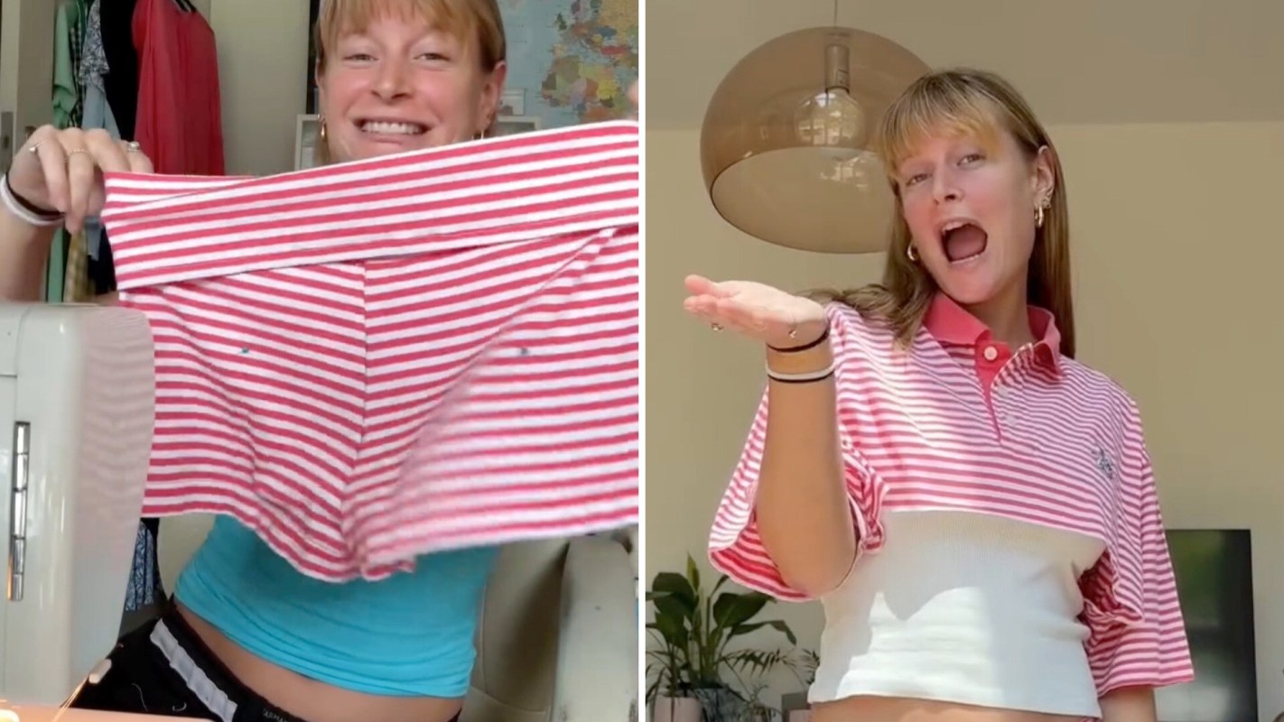 A smiling young woman shows a cropped red and white striped shirt, highlighting her DIY sewing project.