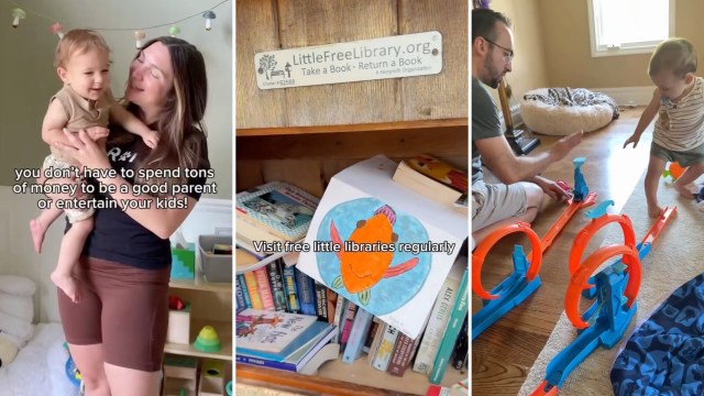 A mother holds her toddler while highlighting budget-friendly parenting ideas, with book-sharing and playtime activities featured.