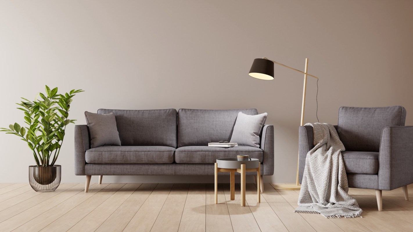 A cozy living room with a gray sofa, armchair, floor lamp, coffee table, and a potted plant.