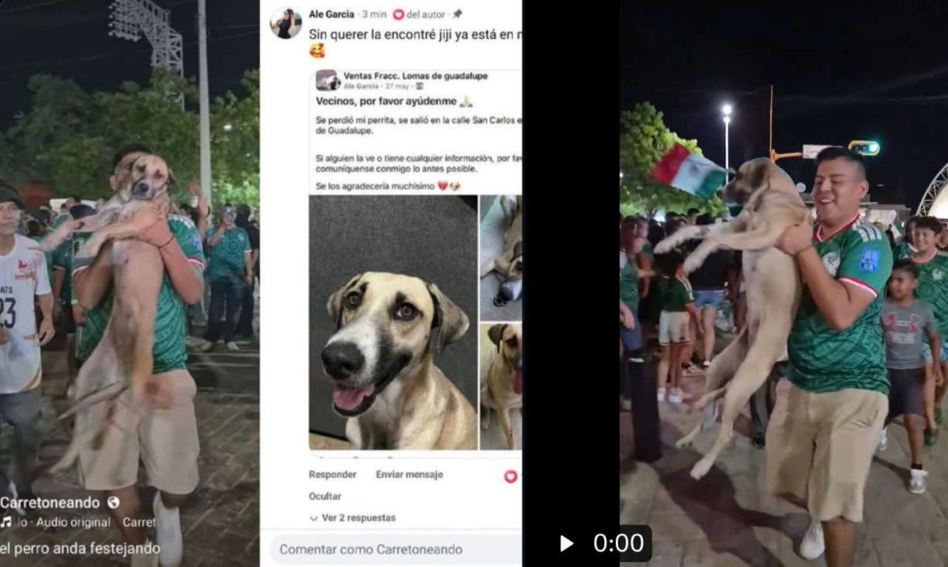A man celebrates in a crowd while holding a dog, surrounded by others in festive attire.
