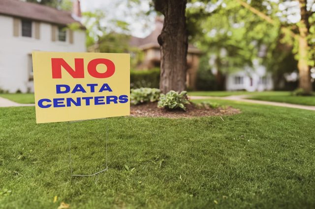 A sign on a lawn reads "NO DATA CENTERS" against a backdrop of trees and houses.