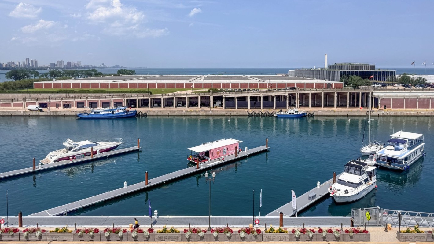 Boats docked at Chicago's Navy Pier.
