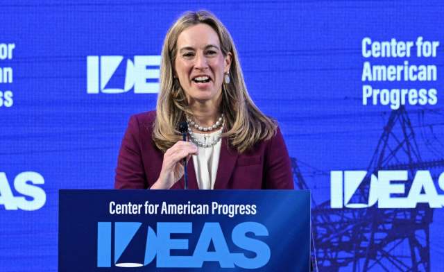 New Jersey Gov. Mikie Sherrill speaks at a podium with the "Center for American Progress" logo in the background.