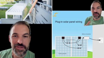 A person demonstrating solar panel installation alongside explanatory wiring diagrams.