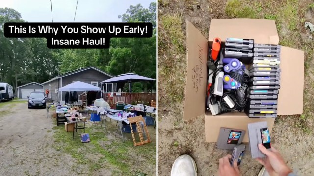 A yard sale scene with tables of items and a box of vintage video games and consoles prominently displayed.