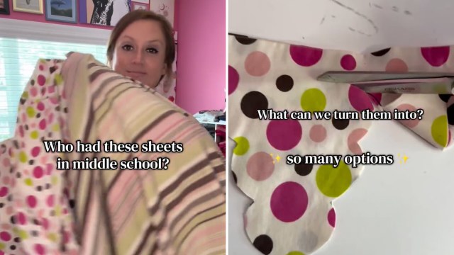 A woman holds colorful patterned fabric while considering creative reuse ideas.