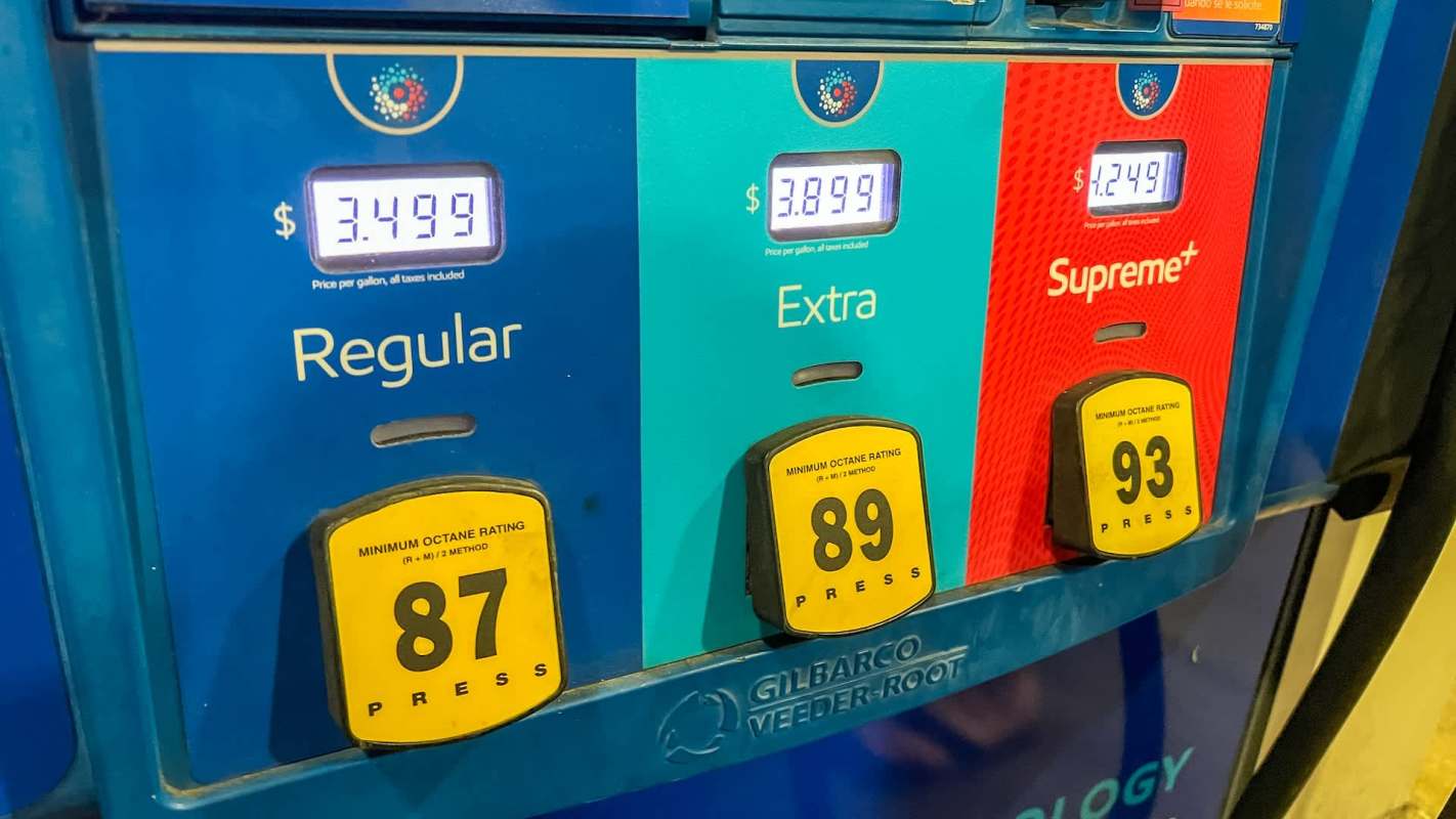 A gas pump displaying prices for Regular at $3.49, Extra at $3.89, and Supreme at $4.249 per gallon.
