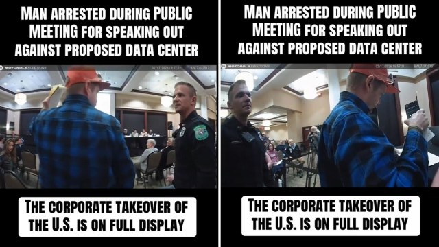 A man is arrested at a public meeting while opposing a proposed data center.