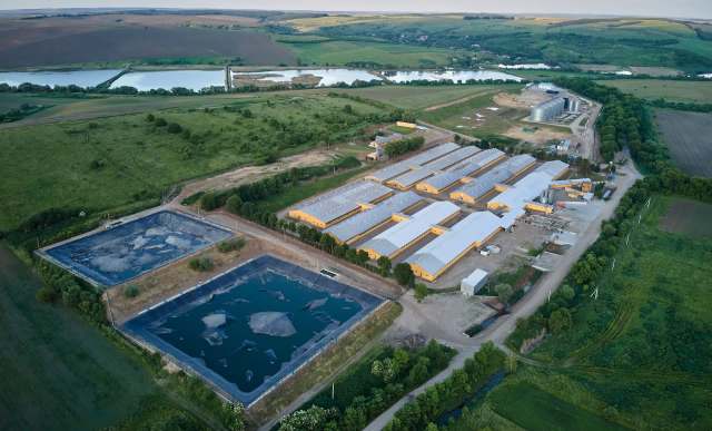 An aerial view of a farm complex.