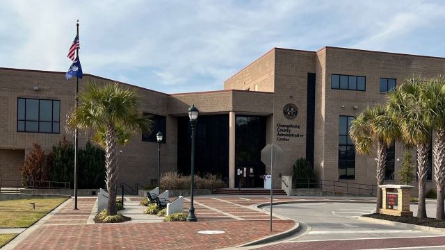 Orangeburg County Administrative Center building with palm trees and a flagpole in front.