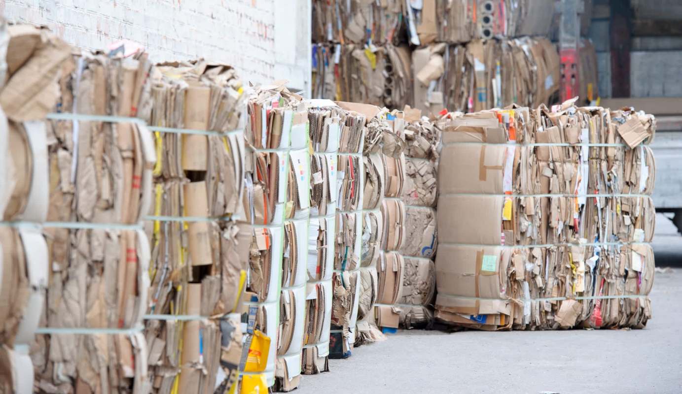Rows of bundled cardboard bales in a recycling facility.