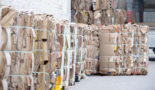 Rows of bundled cardboard bales in a recycling facility.