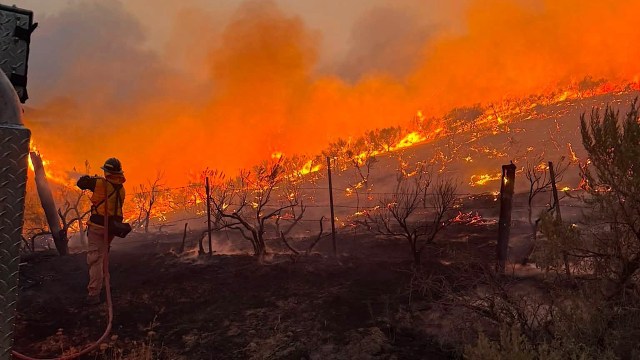 A firefighter using a hose to combat a wildfire engulfing a hillside with flames and smoke.