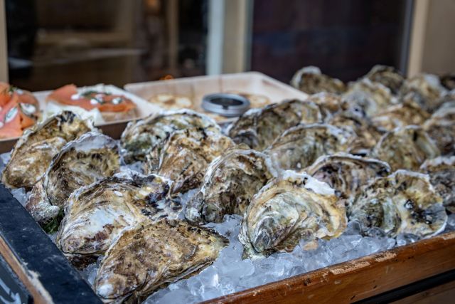 A display of fresh oysters on ice.