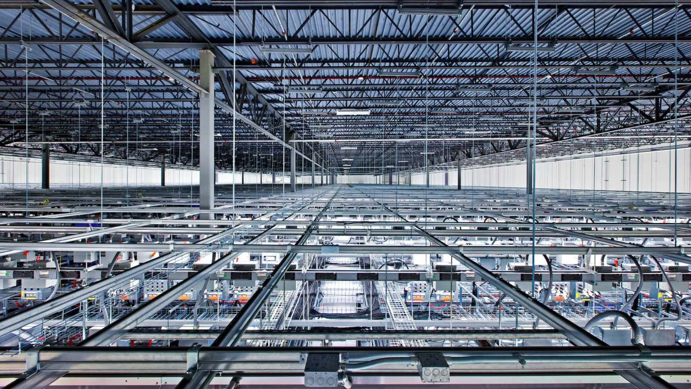 An overhead view of a data center floor.