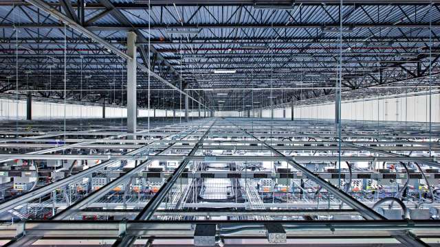 An overhead view of a data center floor.