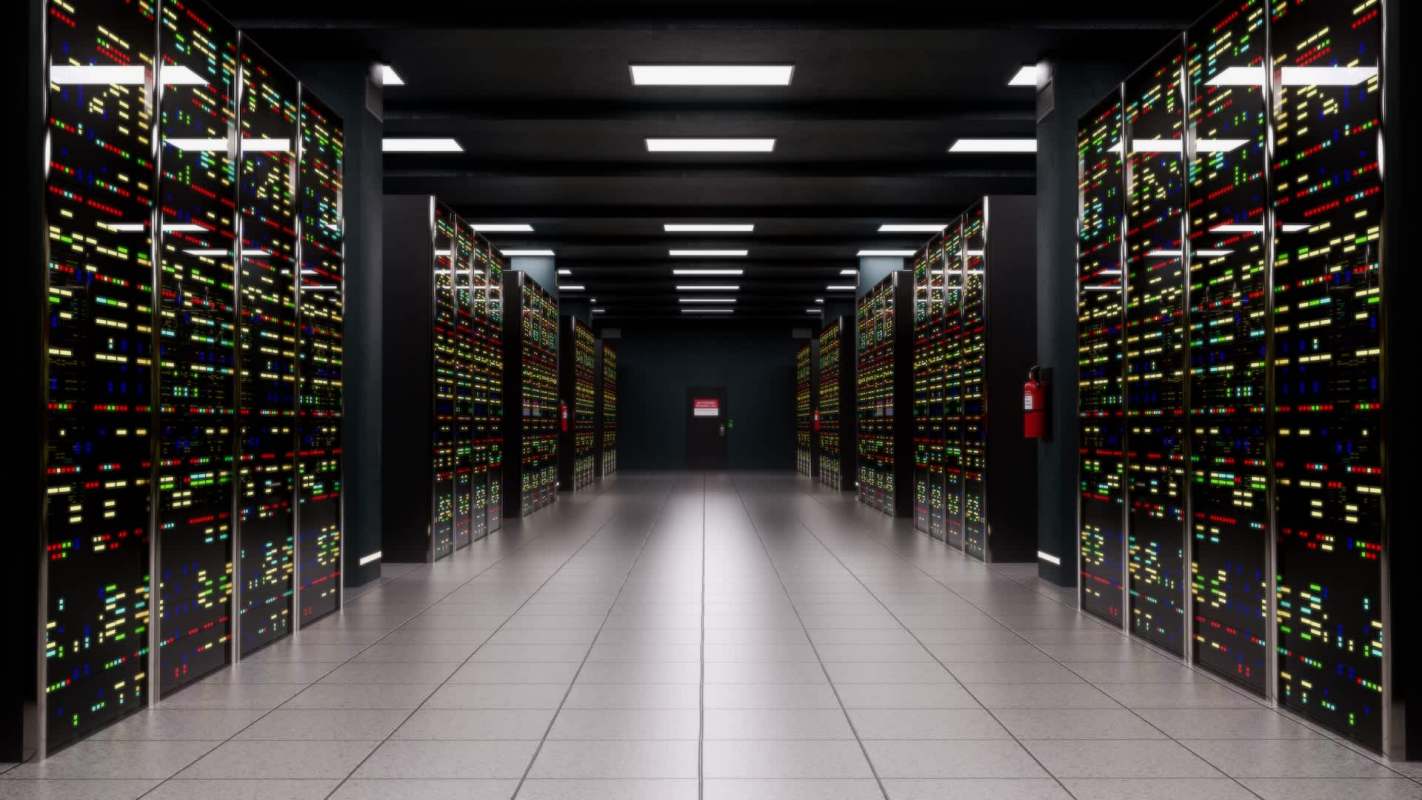 A narrow corridor lined with glowing server racks leading to a door at the end.