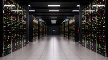A narrow corridor lined with glowing server racks leading to a door at the end.