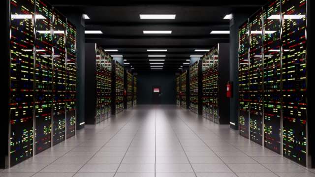 A narrow corridor lined with glowing server racks leading to a door at the end.