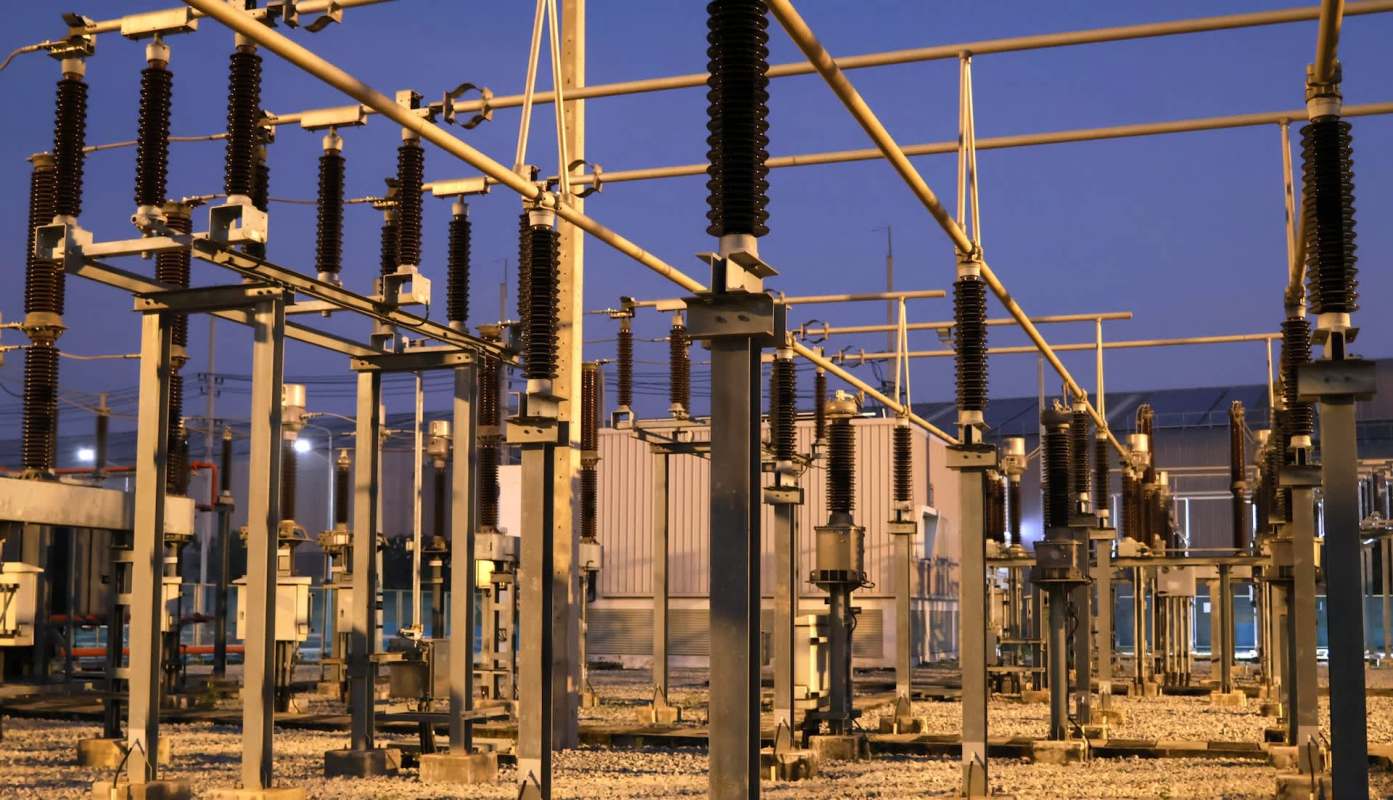 An electrical substation at dusk featuring tall structures with insulators and cables against a darkening sky.
