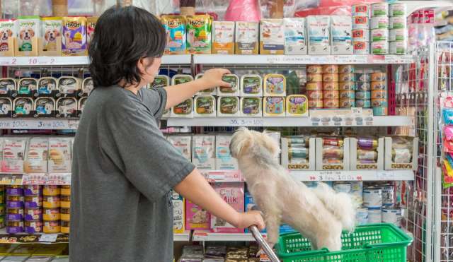 A person shopping for pet food with a dog.
