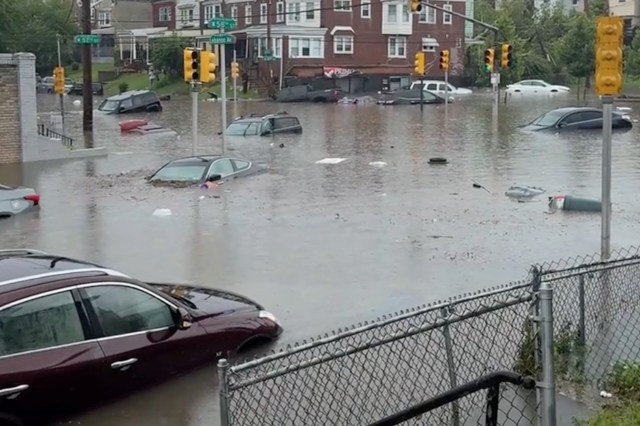 Partially submerged cars and traffic signals in floodwater.