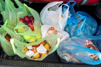 Groceries in plastic bags.