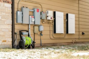 Two Tesla Powerwalls mounted on the outside of a home.