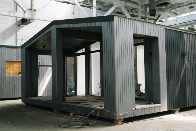 A prefabricated home in a manufacturing facility.
