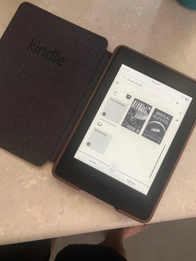 An open Amazon Kindle.