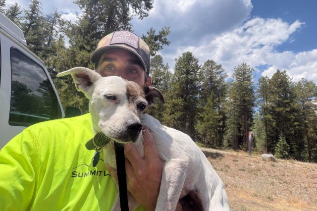 A rescue worker holding Brinley.