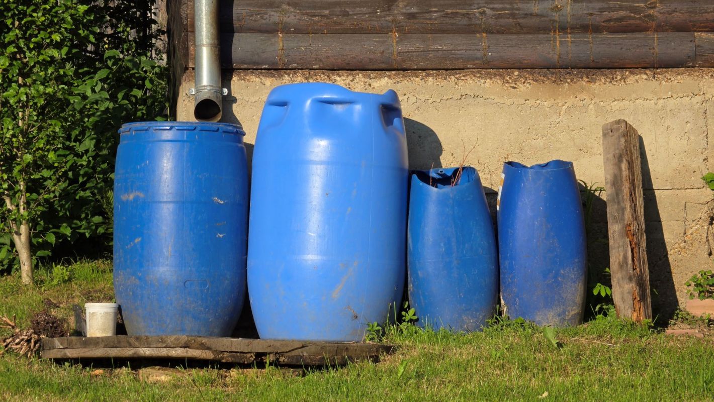 A lineup of blue plastic barrels of varying sizes against a textured wall and grass background.