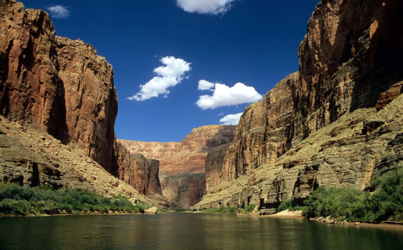 A river between two cliffs.
