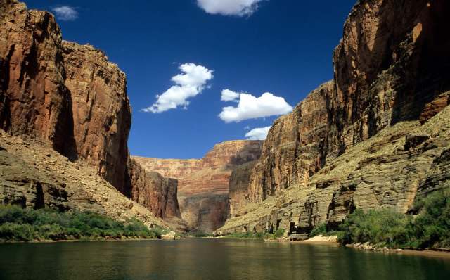 A river between two cliffs.