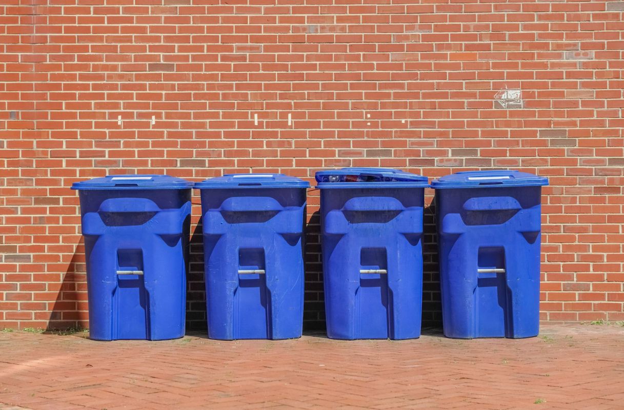 A row of recycling bins.