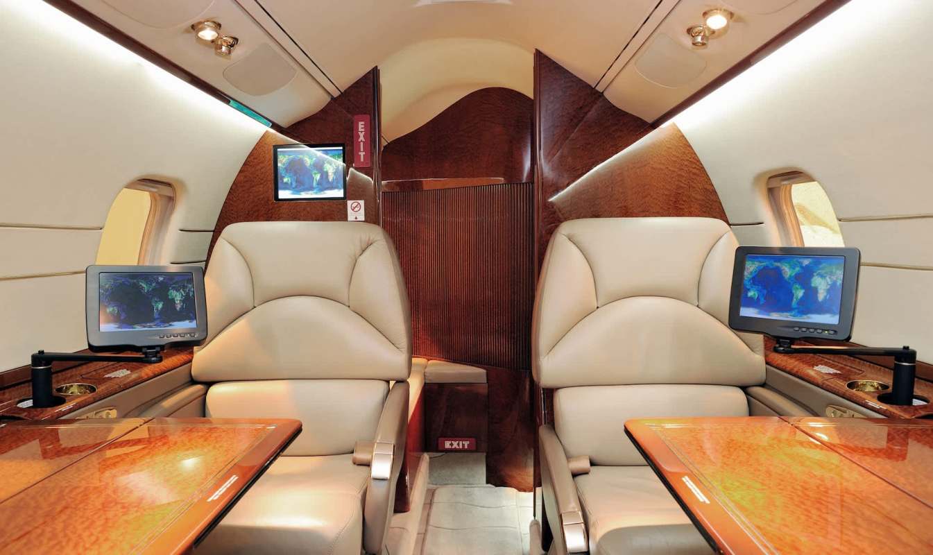 The interior of a private jet.